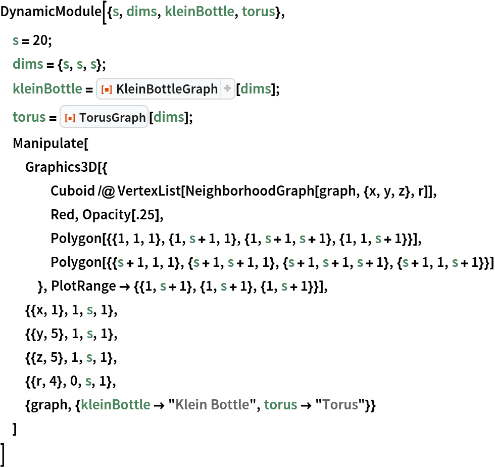 DynamicModule[{s, dims, kleinBottle, torus},
 s = 20;
 dims = {s, s, s};
 kleinBottle = ResourceFunction["KleinBottleGraph"][dims];
 torus = ResourceFunction["TorusGraph"][dims];
 Manipulate[
  Graphics3D[{
    Cuboid /@ VertexList[NeighborhoodGraph[graph, {x, y, z}, r]],
    Red, Opacity[.25],
    Polygon[{{1, 1, 1}, {1, s + 1, 1}, {1, s + 1, s + 1}, {1, 1, s + 1}}],
    Polygon[{{s + 1, 1, 1}, {s + 1, s + 1, 1}, {s + 1, s + 1, s + 1}, {s + 1, 1, s + 1}}]
    }, PlotRange -> {{1, s + 1}, {1, s + 1}, {1, s + 1}}],
  {{x, 1}, 1, s, 1},
  {{y, 5}, 1, s, 1},
  {{z, 5}, 1, s, 1},
  {{r, 4}, 0, s, 1},
  {graph, {kleinBottle -> "Klein Bottle", torus -> "Torus"}}
  ]
 ]