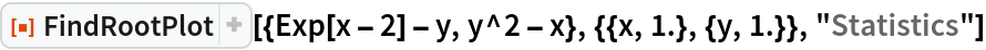 ResourceFunction[
 "FindRootPlot"][{Exp[x - 2] - y, y^2 - x}, {{x, 1.}, {y, 1.}}, "Statistics"]