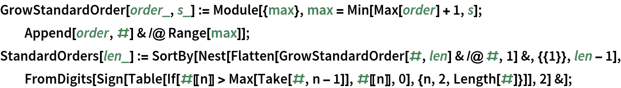 GrowStandardOrder[order_, s_] := Module[{max}, max = Min[Max[order] + 1, s]; Append[order, #] & /@ Range[max]]; 
StandardOrders[len_] := SortBy[Nest[Flatten[GrowStandardOrder[#, len] & /@ #, 1] &, {{1}}, len - 1], FromDigits[
    Sign[Table[
      If[#[[n]] > Max[Take[#, n - 1]], #[[n]], 0], {n, 2, Length[#]}]], 2] &];
