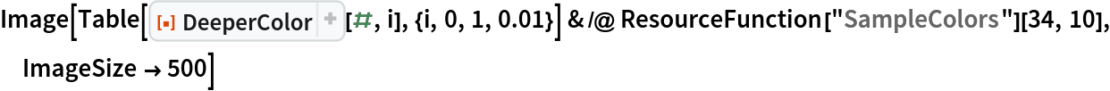 Image[Table[
    ResourceFunction["DeeperColor"][#, i], {i, 0, 1, 0.01}] & /@ ResourceFunction["SampleColors"][34, 10], ImageSize -> 500]