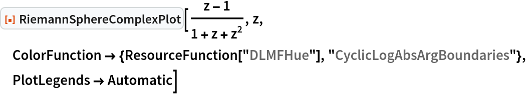 ResourceFunction["RiemannSphereComplexPlot"][(z - 1)/(1 + z + z^2), z,
  ColorFunction -> {ResourceFunction["DLMFHue"], "CyclicLogAbsArgBoundaries"}, PlotLegends -> Automatic]
