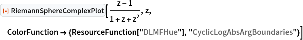 ResourceFunction["RiemannSphereComplexPlot"][(z - 1)/(1 + z + z^2), z,
  ColorFunction -> {ResourceFunction["DLMFHue"], "CyclicLogAbsArgBoundaries"}]