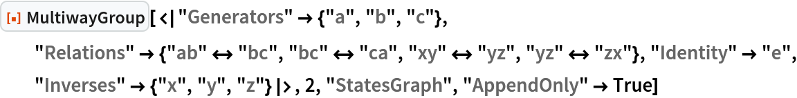 ResourceFunction[
 "MultiwayGroup"][<|"Generators" -> {"a", "b", "c"}, "Relations" -> {"ab" <-> "bc", "bc" <-> "ca", "xy" <-> "yz", "yz" <-> "zx"}, "Identity" -> "e", "Inverses" -> {"x", "y", "z"}|>, 2, "StatesGraph", "AppendOnly" -> True]