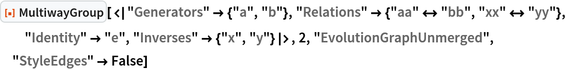 ResourceFunction[
 "MultiwayGroup"][<|"Generators" -> {"a", "b"}, "Relations" -> {"aa" <-> "bb", "xx" <-> "yy"}, "Identity" -> "e", "Inverses" -> {"x", "y"}|>, 2, "EvolutionGraphUnmerged", "StyleEdges" -> False]