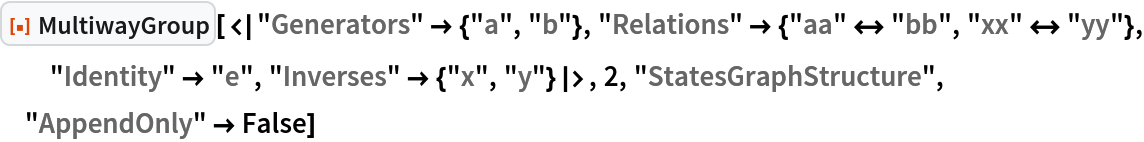 ResourceFunction[
 "MultiwayGroup"][<|"Generators" -> {"a", "b"}, "Relations" -> {"aa" <-> "bb", "xx" <-> "yy"}, "Identity" -> "e", "Inverses" -> {"x", "y"}|>, 2, "StatesGraphStructure", "AppendOnly" -> False]