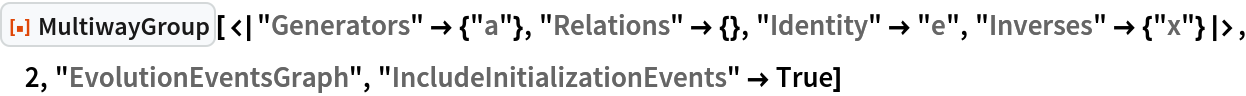ResourceFunction[
 "MultiwayGroup"][<|"Generators" -> {"a"}, "Relations" -> {}, "Identity" -> "e", "Inverses" -> {"x"}|>, 2, "EvolutionEventsGraph",
  "IncludeInitializationEvents" -> True]