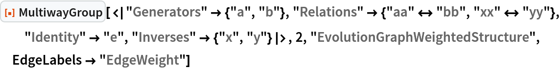 ResourceFunction[
 "MultiwayGroup"][<|"Generators" -> {"a", "b"}, "Relations" -> {"aa" <-> "bb", "xx" <-> "yy"}, "Identity" -> "e", "Inverses" -> {"x", "y"}|>, 2, "EvolutionGraphWeightedStructure", EdgeLabels -> "EdgeWeight"]