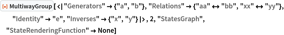 ResourceFunction[
 "MultiwayGroup"][<|"Generators" -> {"a", "b"}, "Relations" -> {"aa" <-> "bb", "xx" <-> "yy"}, "Identity" -> "e", "Inverses" -> {"x", "y"}|>, 2, "StatesGraph", "StateRenderingFunction" -> None]