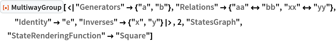ResourceFunction[
 "MultiwayGroup"][<|"Generators" -> {"a", "b"}, "Relations" -> {"aa" <-> "bb", "xx" <-> "yy"}, "Identity" -> "e", "Inverses" -> {"x", "y"}|>, 2, "StatesGraph", "StateRenderingFunction" -> "Square"]