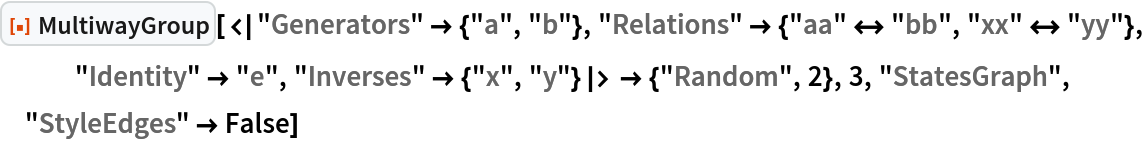 ResourceFunction[
 "MultiwayGroup"][<|"Generators" -> {"a", "b"}, "Relations" -> {"aa" <-> "bb", "xx" <-> "yy"}, "Identity" -> "e", "Inverses" -> {"x", "y"}|> -> {"Random", 2}, 3, "StatesGraph", "StyleEdges" -> False]