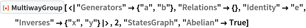 ResourceFunction[
 "MultiwayGroup"][<|"Generators" -> {"a", "b"}, "Relations" -> {}, "Identity" -> "e", "Inverses" -> {"x", "y"}|>, 2, "StatesGraph", "Abelian" -> True]