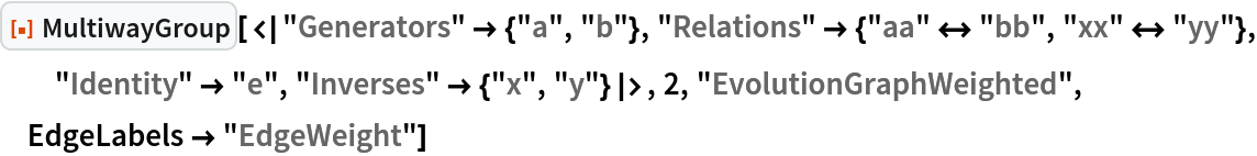 ResourceFunction[
 "MultiwayGroup"][<|"Generators" -> {"a", "b"}, "Relations" -> {"aa" <-> "bb", "xx" <-> "yy"}, "Identity" -> "e", "Inverses" -> {"x", "y"}|>, 2, "EvolutionGraphWeighted", EdgeLabels -> "EdgeWeight"]