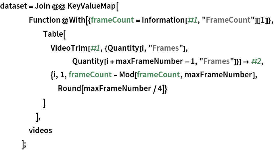 dataset = Join @@ KeyValueMap[
    Function@With[{frameCount = Information[#1, "FrameCount"][[1]]},
      Table[
       VideoTrim[#1, {Quantity[i, "Frames"], Quantity[i + maxFrameNumber - 1, "Frames"]}] -> #2,
       {i, 1, frameCount - Mod[frameCount, maxFrameNumber], Round[maxFrameNumber/4]}
       ]
      ],
    videos
    ];