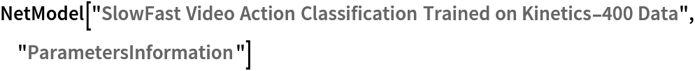 NetModel["SlowFast Video Action Classification Trained on Kinetics-400 Data", "ParametersInformation"]