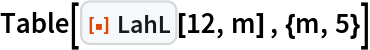 Table[ResourceFunction["LahL"][12, m] , {m, 5}]