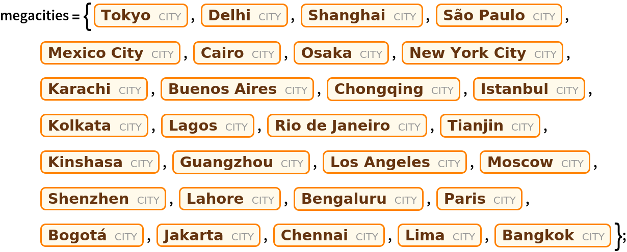 megacities = {Entity["City", {"Tokyo", "Tokyo", "Japan"}], Entity["City", {"Delhi", "Delhi", "India"}], Entity["City", {"Shanghai", "Shanghai", "China"}], Entity["City", {"SaoPaulo", "SaoPaulo", "Brazil"}], Entity["City", {"MexicoCity", "DistritoFederal", "Mexico"}], Entity["City", {"Cairo", "Cairo", "Egypt"}], Entity["City", {"Osaka", "Osaka", "Japan"}], Entity["City", {"NewYork", "NewYork", "UnitedStates"}], Entity["City", {"Karachi", "Sind", "Pakistan"}], Entity["City", {"BuenosAires", "BuenosAires", "Argentina"}], Entity["City", {"Chongqing", "Chongqing", "China"}], Entity["City", {"Istanbul", "Istanbul", "Turkey"}], Entity["City", {"Calcutta", "WestBengal", "India"}], Entity["City", {"Lagos", "Lagos", "Nigeria"}], Entity["City", {"RioDeJaneiro", "RioDeJaneiro", "Brazil"}], Entity["City", {"Tianjin", "Tianjin", "China"}], Entity["City", {"Kinshasa", "Kinshasa", "DemocraticRepublicCongo"}], Entity["City", {"Guangzhou", "Guangdong", "China"}], Entity["City", {"LosAngeles", "California", "UnitedStates"}], Entity["City", {"Moscow", "Moscow", "Russia"}], Entity["City", {"Shenzhen", "Guangdong", "China"}], Entity["City", {"Lahore", "Punjab", "Pakistan"}], Entity["City", {"Bengaluru", "Karnataka", "India"}], Entity["City", {"Paris", "IleDeFrance", "France"}], Entity["City", {"Bogota", "DistritoCapital", "Colombia"}], Entity["City", {"Jakarta", "Jakarta", "Indonesia"}], Entity["City", {"Madras", "TamilNadu", "India"}], Entity["City", {"Lima", "Lima", "Peru"}], Entity["City", {"Bangkok", "Bangkok", "Thailand"}]};