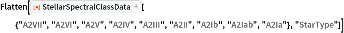 Flatten[ResourceFunction["StellarSpectralClassData", ResourceVersion->"2.0.0"][{"A2VII", "A2VI", "A2V", "A2IV", "A2III", "A2II", "A2Ib", "A2Iab", "A2Ia"}, "StarType"]]