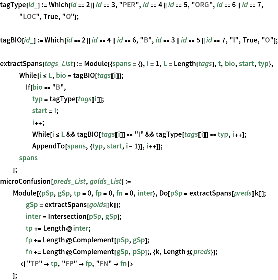 tagType[id_] := Which[id == 2 || id == 3, "PER", id == 4 || id == 5, "ORG", id == 6 || id == 7, "LOC", True, "O"];

tagBIO[id_] := Which[id == 2 || id == 4 || id == 6, "B", id == 3 || id == 5 || id == 7, "I", True, "O"];

extractSpans[tags_List] := Module[{spans = {}, i = 1, L = Length[tags], t, bio, start, typ},
   While[i <= L, bio = tagBIO[tags[[i]]];
    If[bio == "B",
     typ = tagType[tags[[i]]];
     start = i;
     i++;
     While[
      i <= L && tagBIO[tags[[i]]] == "I" && tagType[tags[[i]]] == typ,
       i++];
     AppendTo[spans, {typ, start, i - 1}], i++]];
   spans
   ];
microConfusion[preds_List, golds_List] := Module[{pSp, gSp, tp = 0, fp = 0, fn = 0, inter}, Do[pSp = extractSpans[preds[[k]]];
    gSp = extractSpans[golds[[k]]];
    inter = Intersection[pSp, gSp];
    tp += Length@inter;
    fp += Length@Complement[pSp, gSp];
    fn += Length@Complement[gSp, pSp];, {k, Length@preds}];
   <|"TP" -> tp, "FP" -> fp, "FN" -> fn|>
   ];