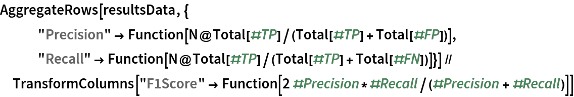 AggregateRows[resultsData, {
   "Precision" -> Function[N@Total[#TP]/(Total[#TP] + Total[#FP])],
   "Recall" -> Function[N@Total[#TP]/(Total[#TP] + Total[#FN])]}] // TransformColumns[
  "F1Score" -> Function[2 #Precision*#Recall/(#Precision + #Recall)]]