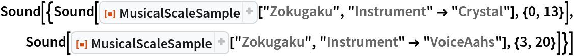 Sound[{Sound[
   ResourceFunction["MusicalScaleSample"]["Zokugaku", "Instrument" -> "Crystal"], {0, 13}], Sound[ResourceFunction["MusicalScaleSample"]["Zokugaku", "Instrument" -> "VoiceAahs"], {3, 20}]}]