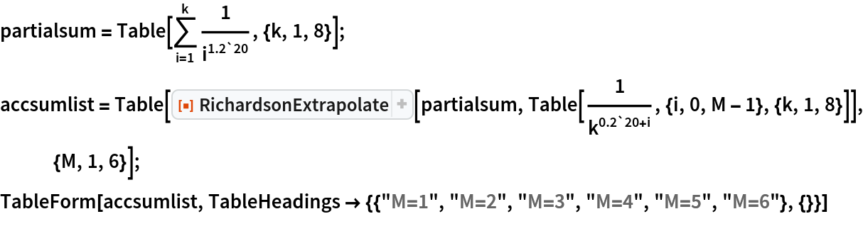 partialsum = Table[\!\(
\*UnderoverscriptBox[\(\[Sum]\), \(i = 1\), \(k\)]
\*FractionBox[\(1\), 
SuperscriptBox[\(i\), \(1.2`20\)]]\), {k, 1, 8}];
accsumlist = Table[ResourceFunction["RichardsonExtrapolate"][partialsum, Table[1/k^(0.2`20 + i), {i, 0, M - 1}, {k, 1, 8}]], {M, 1, 6}];
TableForm[accsumlist, TableHeadings -> {{"M=1", "M=2", "M=3", "M=4", "M=5", "M=6"}, {}}]
