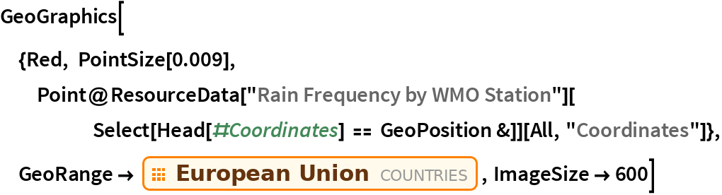 GeoGraphics[{Red, PointSize[0.009], Point@ResourceData["Rain Frequency by WMO Station"][
     Select[Head[#Coordinates] == GeoPosition &]][All, "Coordinates"]}, GeoRange -> EntityClass["Country", "EuropeanUnion"], ImageSize -> 600]