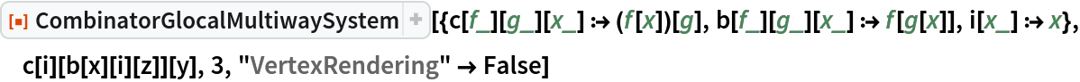 ResourceFunction[
 "CombinatorGlocalMultiwaySystem"][{c[f_][g_][x_] :> (f[x])[g], b[f_][g_][x_] :> f[g[x]], i[x_] :> x}, c[i][b[x][i][z]][y], 3, "VertexRendering" -> False]