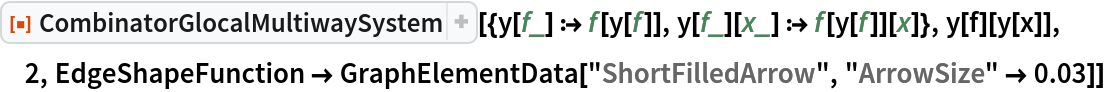 ResourceFunction[
 "CombinatorGlocalMultiwaySystem"][{y[f_] :> f[y[f]], y[f_][x_] :> f[y[f]][x]}, y[f][y[x]], 2, EdgeShapeFunction -> GraphElementData["ShortFilledArrow", "ArrowSize" -> 0.03]]