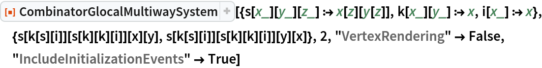 ResourceFunction[
 "CombinatorGlocalMultiwaySystem"][{s[x_][y_][z_] :> x[z][y[z]], k[x_][y_] :> x, i[x_] :> x}, {s[k[s][i]][s[k][k][i]][x][y], s[k[s][i]][s[k][k][i]][y][x]}, 2, "VertexRendering" -> False, "IncludeInitializationEvents" -> True]