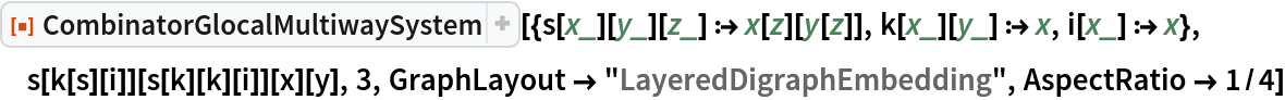 ResourceFunction[
 "CombinatorGlocalMultiwaySystem"][{s[x_][y_][z_] :> x[z][y[z]], k[x_][y_] :> x, i[x_] :> x}, s[k[s][i]][s[k][k][i]][x][y], 3, GraphLayout -> "LayeredDigraphEmbedding", AspectRatio -> 1/4]