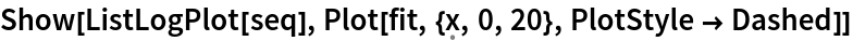 Show[ListLogPlot[seq], Plot[fit, {\[FormalX], 0, 20}, PlotStyle -> Dashed]]
