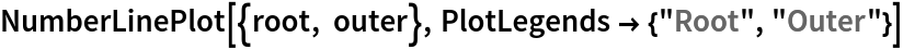 NumberLinePlot[{root, outer}, PlotLegends -> {"Root", "Outer"}]