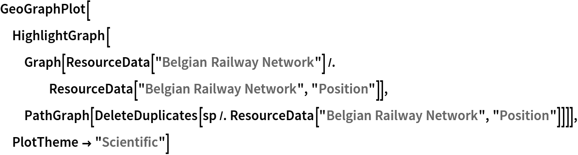 GeoGraphPlot[HighlightGraph[Graph[ResourceData[\!\(\*
TagBox["\"\<Belgian Railway Network\>\"",
#& ,
BoxID -> "ResourceTag-Belgian Railway Network-Input",
AutoDelete->True]\)] /. ResourceData[\!\(\*
TagBox["\"\<Belgian Railway Network\>\"",
#& ,
BoxID -> "ResourceTag-Belgian Railway Network-Input",
AutoDelete->True]\), "Position"]], PathGraph[DeleteDuplicates[sp /. ResourceData[\!\(\*
TagBox["\"\<Belgian Railway Network\>\"",
#& ,
BoxID -> "ResourceTag-Belgian Railway Network-Input",
AutoDelete->True]\), "Position"]]]], PlotTheme -> "Scientific"]