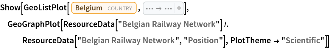 Show[GeoListPlot[Entity["Country", "Belgium"], PlotStyle -> {
Directive[Orange, Dashed, 
EdgeForm[{DarkOrange, Thick}], 
Opacity[0.1]]}], GeoGraphPlot[ResourceData[\!\(\*
TagBox["\"\<Belgian Railway Network\>\"",
#& ,
BoxID -> "ResourceTag-Belgian Railway Network-Input",
AutoDelete->True]\)] /. ResourceData[\!\(\*
TagBox["\"\<Belgian Railway Network\>\"",
#& ,
BoxID -> "ResourceTag-Belgian Railway Network-Input",
AutoDelete->True]\), "Position"], PlotTheme -> "Scientific"]]