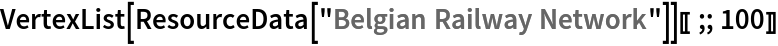 VertexList[ResourceData[\!\(\*
TagBox["\"\<Belgian Railway Network\>\"",
#& ,
BoxID -> "ResourceTag-Belgian Railway Network-Input",
AutoDelete->True]\)]][[;; 100]]