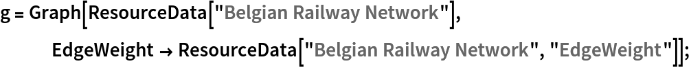 g = Graph[ResourceData[\!\(\*
TagBox["\"\<Belgian Railway Network\>\"",
#& ,
BoxID -> "ResourceTag-Belgian Railway Network-Input",
AutoDelete->True]\)], EdgeWeight -> ResourceData[\!\(\*
TagBox["\"\<Belgian Railway Network\>\"",
#& ,
BoxID -> "ResourceTag-Belgian Railway Network-Input",
AutoDelete->True]\), "EdgeWeight"]];