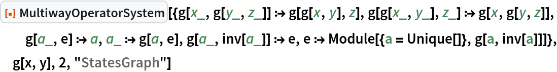 ResourceFunction[
 "MultiwayOperatorSystem"][{g[x_, g[y_, z_]] :> g[g[x, y], z], g[g[x_, y_], z_] :> g[x, g[y, z]], g[a_, e] :> a, a_ :> g[a, e], g[a_, inv[a_]] :> e, e :> Module[{a = Unique[]}, g[a, inv[a]]]}, g[x, y], 2, "StatesGraph"]