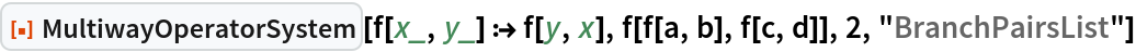 ResourceFunction["MultiwayOperatorSystem"][f[x_, y_] :> f[y, x], f[f[a, b], f[c, d]], 2, "BranchPairsList"]