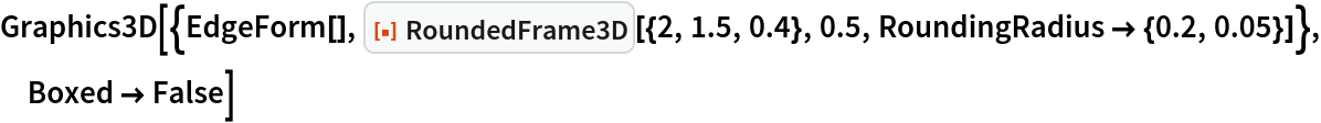 Graphics3D[{EdgeForm[], ResourceFunction["RoundedFrame3D"][{2, 1.5, 0.4}, 0.5, RoundingRadius -> {0.2, 0.05}]}, Boxed -> False]