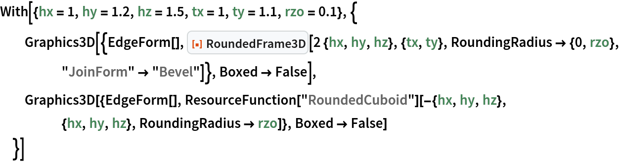 With[{hx = 1, hy = 1.2, hz = 1.5, tx = 1, ty = 1.1, rzo = 0.1}, {
  Graphics3D[{EdgeForm[], ResourceFunction["RoundedFrame3D"][2 {hx, hy, hz}, {tx, ty}, RoundingRadius -> {0, rzo}, "JoinForm" -> "Bevel"]}, Boxed -> False], Graphics3D[{EdgeForm[], ResourceFunction["RoundedCuboid"][-{hx, hy, hz}, {hx, hy, hz}, RoundingRadius -> rzo]}, Boxed -> False]
  }]