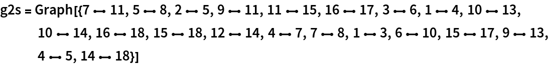 g2s = Graph[{7 \[UndirectedEdge] 11, 5 \[UndirectedEdge] 8, 2 \[UndirectedEdge] 5, 9 \[UndirectedEdge] 11, 11 \[UndirectedEdge] 15, 16 \[UndirectedEdge] 17, 3 \[UndirectedEdge] 6, 1 \[UndirectedEdge] 4, 10 \[UndirectedEdge] 13, 10 \[UndirectedEdge] 14, 16 \[UndirectedEdge] 18, 15 \[UndirectedEdge] 18, 12 \[UndirectedEdge] 14, 4 \[UndirectedEdge] 7, 7 \[UndirectedEdge] 8, 1 \[UndirectedEdge] 3, 6 \[UndirectedEdge] 10, 15 \[UndirectedEdge] 17, 9 \[UndirectedEdge] 13, 4 \[UndirectedEdge] 5, 14 \[UndirectedEdge] 18}]