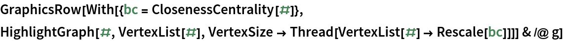 GraphicsRow[With[{bc = ClosenessCentrality[#]},
    HighlightGraph[#, VertexList[#], VertexSize -> Thread[VertexList[#] -> Rescale[bc]]]] & /@ g]