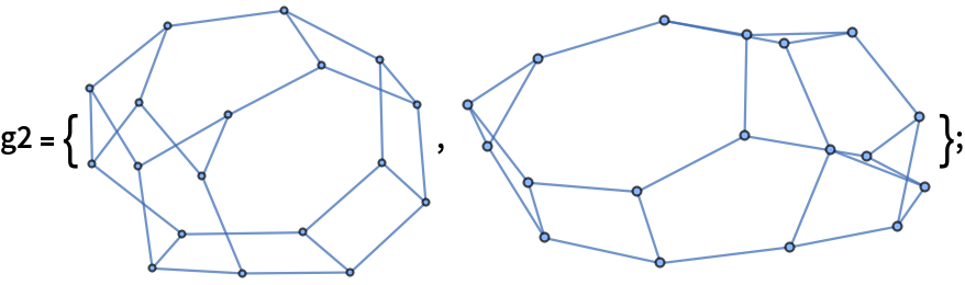 g2 = {\!\(\*
GraphicsBox[
NamespaceBox["NetworkGraphics",
DynamicModuleBox[{Typeset`graph = HoldComplete[
Graph[{1, 2, 3, 4, 5, 6, 7, 8, 9, 10, 11, 12, 13, 14, 15, 16, 17, 18}, {Null, {{1, 2}, {1, 3}, {1, 4}, {2, 5}, {2, 6}, {3, 5}, {3, 7}, {4, 6}, {4, 8}, {5, 9}, {6, 10}, {7, 9}, {7, 11}, {8, 12}, {8, 13}, {9, 14}, {10, 12}, {10, 15}, {11, 13}, {11, 16}, {12, 16}, {13, 17}, {14, 17}, {14, 18}, {15,
            17}, {15, 18}, {16, 18}}}]]}, 
TagBox[GraphicsGroupBox[
          GraphicsComplexBox[{{3.5767636199283324`, 0.7566577054584677}, {3.115268648046907, 1.1803920498851395`}, {3.4903969860818784`, 1.803708546196591}, {2.7728907674402445`, 0.01056288252302462}, {3.0879229496589136`, 2.282690854428834}, {2.273067001059624, 0.43743052215989686`}, {2.4740947944709832`, 2.2168325751975813`}, {1.6245575578519589`, 0.}, {
           2.0699596314248745`, 2.810639738053094}, {
           0.9815470818768645, 0.41898104615319565`}, {
           1.4753323977046753`, 1.6937902202123785`}, {
           0.6603649050282645, 0.05412435435912011}, {
           1.194454736630604, 1.0324124513684203`}, {
           0.8253655380326937, 2.6434451976532842`}, {
           0.0191757160439594, 1.1701759804007712`}, {
           0.5124049621135198, 1.139823120149078}, {
           0.5208607102809957, 1.8280843233562947`}, {0., 1.9771712786371278`}}, {
{Hue[0.6, 0.7, 0.7], Opacity[0.7], CapForm["Round"], Arrowheads[0.], ArrowBox[{{1, 2}, {1, 3}, {1, 4}, {2, 5}, {2, 6}, {3, 5}, {3, 7}, {4, 6}, {4, 8}, {5, 9}, {6, 10}, {7, 9}, {7,
               11}, {8, 12}, {8, 13}, {9, 14}, {10, 12}, {10, 15}, {
              11, 13}, {11, 16}, {12, 16}, {13, 17}, {14, 17}, {14, 18}, {15, 17}, {15, 18}, {16, 18}}, 0.03423757805582012]}, 
{Hue[0.6, 0.5, 1.], EdgeForm[{GrayLevel[0], Opacity[0.7]}], DiskBox[1, 0.03423757805582012], DiskBox[2, 0.03423757805582012], DiskBox[3, 0.03423757805582012], DiskBox[4, 0.03423757805582012], DiskBox[5, 0.03423757805582012], DiskBox[6, 0.03423757805582012], DiskBox[7, 0.03423757805582012], DiskBox[8, 0.03423757805582012], DiskBox[9, 0.03423757805582012], DiskBox[10, 0.03423757805582012], DiskBox[11, 0.03423757805582012], DiskBox[12, 0.03423757805582012], DiskBox[13, 0.03423757805582012], DiskBox[14, 0.03423757805582012], DiskBox[15, 0.03423757805582012], DiskBox[16, 0.03423757805582012], DiskBox[17, 0.03423757805582012], DiskBox[18, 0.03423757805582012]}}]],
MouseAppearanceTag["NetworkGraphics"]],
AllowKernelInitialization->False]],
DefaultBaseStyle->"NetworkGraphics",
FormatType->TraditionalForm,
FrameTicks->None,
ImageSize->{144.44270833333314`, Automatic}]\), \!\(\*
GraphicsBox[
NamespaceBox["NetworkGraphics",
DynamicModuleBox[{Typeset`graph = HoldComplete[
Graph[{1, 2, 3, 4, 5, 6, 7, 8, 9, 10, 11, 12, 13, 14, 15, 16, 17, 18}, {Null, {{1, 2}, {1, 3}, {1, 4}, {2, 3}, {2, 5}, {3, 6}, {4, 5}, {4, 7}, {5, 8}, {6, 9}, {6, 10}, {7, 8}, {7, 11}, {8, 12}, {9, 11}, {9, 13}, {10, 13}, {10, 14}, {11, 15}, {12, 14}, {12, 16}, {13, 17}, {14, 18}, {15, 17}, {15,
            18}, {16, 17}, {16, 18}}}]]}, 
TagBox[GraphicsGroupBox[
          GraphicsComplexBox[{{0., 1.5897192160001918`}, {
           0.20199555951204218`, 1.1659922269251928`}, {
           0.7018235522234355, 2.05046895253602}, {0.6046995725631241,
            0.8055348972514191}, {0.7686855862428359, 0.2525531070606044}, {1.9639831585061276`, 2.4278021842392326`}, {1.6922598723338056`, 0.7151336374168423}, {1.924600434804453, 0.}, {
           2.7843480299508068`, 2.2837104037293097`}, {
           3.164554684793477, 2.198700755666302}, {2.765449617293349, 1.273769953995252}, {3.2218803048682823`, 0.16123712456880357`}, {3.8402771739433645`, 2.3108682264938105`}, {3.622292832975111, 1.1339718707494262`}, {3.9851254742448043`, 1.068338634906453}, {4.289394541796495, 0.3680687154595319}, {4.514659749625816, 1.4631795462785326`}, {4.5674051459682055`, 0.7655357411312405}}, {
{Hue[0.6, 0.7, 0.7], Opacity[0.7], CapForm["Round"], Arrowheads[0.], ArrowBox[{{1, 2}, {1, 3}, {1, 4}, {2, 3}, {2, 5}, {3, 6}, {4, 5}, {4, 7}, {5, 8}, {6, 9}, {6, 10}, {7, 8}, {7,
               11}, {8, 12}, {9, 11}, {9, 13}, {10, 13}, {10, 14}, {
              11, 15}, {12, 14}, {12, 16}, {13, 17}, {14, 18}, {15, 17}, {15, 18}, {16, 17}, {16, 18}}, 0.040515375116568234`]}, 
{Hue[0.6, 0.5, 1.], EdgeForm[{GrayLevel[0], Opacity[0.7]}], DiskBox[1, 0.040515375116568234], DiskBox[2, 0.040515375116568234], DiskBox[3, 0.040515375116568234], DiskBox[4, 0.040515375116568234], DiskBox[5, 0.040515375116568234], DiskBox[6, 0.040515375116568234], DiskBox[7, 0.040515375116568234], DiskBox[8, 0.040515375116568234], DiskBox[9, 0.040515375116568234], DiskBox[10, 0.040515375116568234], DiskBox[11, 0.040515375116568234], DiskBox[12, 0.040515375116568234], DiskBox[13, 0.040515375116568234], DiskBox[14, 0.040515375116568234], DiskBox[15, 0.040515375116568234], DiskBox[16, 0.040515375116568234], DiskBox[17, 0.040515375116568234], DiskBox[18, 0.040515375116568234]}}]],
MouseAppearanceTag["NetworkGraphics"]],
AllowKernelInitialization->False]],
DefaultBaseStyle->"NetworkGraphics",
FormatType->TraditionalForm,
FrameTicks->None,
ImageSize->{196.4921875, Automatic}]\)};
