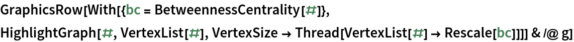 GraphicsRow[With[{bc = BetweennessCentrality[#]},
    HighlightGraph[#, VertexList[#], VertexSize -> Thread[VertexList[#] -> Rescale[bc]]]] & /@ g]