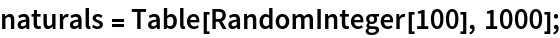 naturals = Table[RandomInteger[100], 1000];