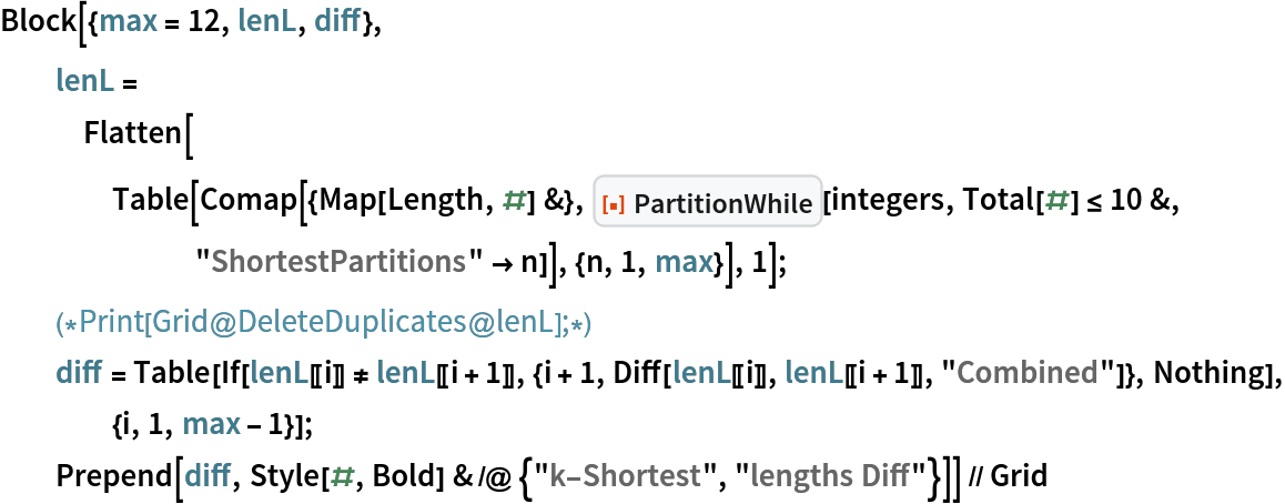 Block[{max = 12, lenL, diff},
  lenL = Flatten[Table[
     Comap[{Map[Length, #] &}, ResourceFunction["PartitionWhile"][integers, Total[#] <= 10 &, "ShortestPartitions" -> n]], {n, 1, max}], 1];
  (*Print[Grid@DeleteDuplicates@lenL];*)
  diff = Table[If[
     lenL[[i]] != lenL[[i + 1]], {i + 1, Diff[lenL[[i]], lenL[[i + 1]], "Combined"]}, Nothing], {i, 1, max - 1}];
  Prepend[diff, Style[#, Bold] & /@ {"k-Shortest", "lengths Diff"}]] // Grid