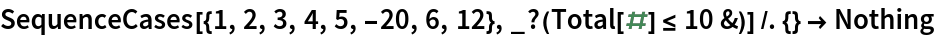SequenceCases[{1, 2, 3, 4, 5, -20, 6, 12}, _?(Total[#] <= 10 &)] /. {} -> Nothing