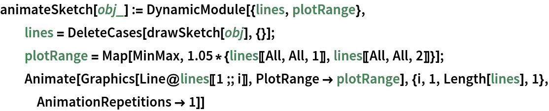 animateSketch[obj_] := DynamicModule[{lines, plotRange}, lines = DeleteCases[drawSketch[obj], {}];
  plotRange = Map[MinMax, 1.05*{lines[[All, All, 1]], lines[[All, All, 2]]}];
  Animate[
   Graphics[Line@lines[[1 ;; i]], PlotRange -> plotRange], {i, 1, Length[lines], 1}, AnimationRepetitions -> 1]]