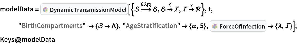modelData = InterpretationBox[FrameBox[TagBox[TooltipBox[PaneBox[GridBox[List[List[GraphicsBox[List[Thickness[0.0025`], List[FaceForm[List[RGBColor[0.9607843137254902`, 0.5058823529411764`, 0.19607843137254902`], Opacity[1.`]]], FilledCurveBox[List[List[List[0, 2, 0], List[0, 1, 0], List[0, 1, 0], List[0, 1, 0], List[0, 1, 0]], List[List[0, 2, 0], List[0, 1, 0], List[0, 1, 0], List[0, 1, 0], List[0, 1, 0]], List[List[0, 2, 0], List[0, 1, 0], List[0, 1, 0], List[0, 1, 0], List[0, 1, 0], List[0, 1, 0]], List[List[0, 2, 0], List[1, 3, 3], List[0, 1, 0], List[1, 3, 3], List[0, 1, 0], List[1, 3, 3], List[0, 1, 0], List[1, 3, 3], List[1, 3, 3], List[0, 1, 0], List[1, 3, 3], List[0, 1, 0], List[1, 3, 3]]], List[List[List[205.`, 22.863691329956055`], List[205.`, 212.31669425964355`], List[246.01799774169922`, 235.99870109558105`], List[369.0710144042969`, 307.0436840057373`], List[369.0710144042969`, 117.59068870544434`], List[205.`, 22.863691329956055`]], List[List[30.928985595703125`, 307.0436840057373`], List[153.98200225830078`, 235.99870109558105`], List[195.`, 212.31669425964355`], List[195.`, 22.863691329956055`], List[30.928985595703125`, 117.59068870544434`], List[30.928985595703125`, 307.0436840057373`]], List[List[200.`, 410.42970085144043`], List[364.0710144042969`, 315.7036876678467`], List[241.01799774169922`, 244.65868949890137`], List[200.`, 220.97669792175293`], List[158.98200225830078`, 244.65868949890137`], List[35.928985595703125`, 315.7036876678467`], List[200.`, 410.42970085144043`]], List[List[376.5710144042969`, 320.03370475769043`], List[202.5`, 420.53370475769043`], List[200.95300006866455`, 421.42667961120605`], List[199.04699993133545`, 421.42667961120605`], List[197.5`, 420.53370475769043`], List[23.428985595703125`, 320.03370475769043`], List[21.882003784179688`, 319.1406993865967`], List[20.928985595703125`, 317.4896984100342`], List[20.928985595703125`, 315.7036876678467`], List[20.928985595703125`, 114.70369529724121`], List[20.928985595703125`, 112.91769218444824`], List[21.882003784179688`, 111.26669120788574`], List[23.428985595703125`, 110.37369346618652`], List[197.5`, 9.87369155883789`], List[198.27300024032593`, 9.426692008972168`], List[199.13700008392334`, 9.203690528869629`], List[200.`, 9.203690528869629`], List[200.86299991607666`, 9.203690528869629`], List[201.72699999809265`, 9.426692008972168`], List[202.5`, 9.87369155883789`], List[376.5710144042969`, 110.37369346618652`], List[378.1179962158203`, 111.26669120788574`], List[379.0710144042969`, 112.91769218444824`], List[379.0710144042969`, 114.70369529724121`], List[379.0710144042969`, 315.7036876678467`], List[379.0710144042969`, 317.4896984100342`], List[378.1179962158203`, 319.1406993865967`], List[376.5710144042969`, 320.03370475769043`]]]]], List[FaceForm[List[RGBColor[0.5529411764705883`, 0.6745098039215687`, 0.8117647058823529`], Opacity[1.`]]], FilledCurveBox[List[List[List[0, 2, 0], List[0, 1, 0], List[0, 1, 0], List[0, 1, 0]]], List[List[List[44.92900085449219`, 282.59088134765625`], List[181.00001525878906`, 204.0298843383789`], List[181.00001525878906`, 46.90887451171875`], List[44.92900085449219`, 125.46986389160156`], List[44.92900085449219`, 282.59088134765625`]]]]], List[FaceForm[List[RGBColor[0.6627450980392157`, 0.803921568627451`, 0.5686274509803921`], Opacity[1.`]]], FilledCurveBox[List[List[List[0, 2, 0], List[0, 1, 0], List[0, 1, 0], List[0, 1, 0]]], List[List[List[355.0710144042969`, 282.59088134765625`], List[355.0710144042969`, 125.46986389160156`], List[219.`, 46.90887451171875`], List[219.`, 204.0298843383789`], List[355.0710144042969`, 282.59088134765625`]]]]], List[FaceForm[List[RGBColor[0.6901960784313725`, 0.5882352941176471`, 0.8117647058823529`], Opacity[1.`]]], FilledCurveBox[List[List[List[0, 2, 0], List[0, 1, 0], List[0, 1, 0], List[0, 1, 0]]], List[List[List[200.`, 394.0606994628906`], List[336.0710144042969`, 315.4997024536133`], List[200.`, 236.93968200683594`], List[63.928985595703125`, 315.4997024536133`], List[200.`, 394.0606994628906`]]]]]], List[Rule[BaselinePosition, Scaled[0.15`]], Rule[ImageSize, 10], Rule[ImageSize, 15]]], StyleBox[RowBox[List["DynamicTransmissionModel", " "]], Rule[ShowAutoStyles, False], Rule[ShowStringCharacters, False], Rule[FontSize, Times[0.9`, Inherited]], Rule[FontColor, GrayLevel[0.1`]]]]], Rule[GridBoxSpacings, List[Rule["Columns", List[List[0.25`]]]]]], Rule[Alignment, List[Left, Baseline]], Rule[BaselinePosition, Baseline], Rule[FrameMargins, List[List[3, 0], List[0, 0]]], Rule[BaseStyle, List[Rule[LineSpacing, List[0, 0]], Rule[LineBreakWithin, False]]]], RowBox[List["PacletSymbol", "[", RowBox[List["\"RobertNachbar/CompartmentalModeling\"", ",", "\"RobertNachbar`EpidemiologyModeling`DynamicTransmissionModel\""]], "]"]], Rule[TooltipStyle, List[Rule[ShowAutoStyles, True], Rule[ShowStringCharacters, True]]]], Function[Annotation[Slot[1], Style[Defer[PacletSymbol["RobertNachbar/CompartmentalModeling", "RobertNachbar`EpidemiologyModeling`DynamicTransmissionModel"]], Rule[ShowStringCharacters, True]], "Tooltip"]]], Rule[Background, RGBColor[0.968`, 0.976`, 0.984`]], Rule[BaselinePosition, Baseline], Rule[DefaultBaseStyle, List[]], Rule[FrameMargins, List[List[0, 0], List[1, 1]]], Rule[FrameStyle, RGBColor[0.831`, 0.847`, 0.85`]], Rule[RoundingRadius, 4]], PacletSymbol["RobertNachbar/CompartmentalModeling", "RobertNachbar`EpidemiologyModeling`DynamicTransmissionModel"], Rule[Selectable, False], Rule[SelectWithContents, True], Rule[BoxID, "PacletSymbolBox"]][{\[ScriptCapitalS] 
\!\(\*OverscriptBox[\(\[RightArrow]\), \(\[Beta]\ \[Lambda][
        t]\)]\) \[ScriptCapitalE], \[ScriptCapitalE] 
\!\(\*OverscriptBox[\(\[RightArrow]\), \(\[Zeta]\)]\) \[ScriptCapitalI], \[ScriptCapitalI] 
\!\(\*OverscriptBox[\(\[RightArrow]\), \(\[Gamma]\)]\) \[ScriptCapitalR]}, t, "BirthCompartments" -> {\[ScriptCapitalS] -> \[CapitalLambda]}, "AgeStratification" -> {\[Alpha], 5}, InterpretationBox[FrameBox[TagBox[TooltipBox[PaneBox[GridBox[List[List[GraphicsBox[List[Thickness[0.0025`], List[FaceForm[List[RGBColor[0.9607843137254902`, 0.5058823529411764`, 0.19607843137254902`], Opacity[1.`]]], FilledCurveBox[List[List[List[0, 2, 0], List[0, 1, 0], List[0, 1, 0], List[0, 1, 0], List[0, 1, 0]], List[List[0, 2, 0], List[0, 1, 0], List[0, 1, 0], List[0, 1, 0], List[0, 1, 0]], List[List[0, 2, 0], List[0, 1, 0], List[0, 1, 0], List[0, 1, 0], List[0, 1, 0], List[0, 1, 0]], List[List[0, 2, 0], List[1, 3, 3], List[0, 1, 0], List[1, 3, 3], List[0, 1, 0], List[1, 3, 3], List[0, 1, 0], List[1, 3, 3], List[1, 3, 3], List[0, 1, 0], List[1, 3, 3], List[0, 1, 0], List[1, 3, 3]]], List[List[List[205.`, 22.863691329956055`], List[205.`, 212.31669425964355`], List[246.01799774169922`, 235.99870109558105`], List[369.0710144042969`, 307.0436840057373`], List[369.0710144042969`, 117.59068870544434`], List[205.`, 22.863691329956055`]], List[List[30.928985595703125`, 307.0436840057373`], List[153.98200225830078`, 235.99870109558105`], List[195.`, 212.31669425964355`], List[195.`, 22.863691329956055`], List[30.928985595703125`, 117.59068870544434`], List[30.928985595703125`, 307.0436840057373`]], List[List[200.`, 410.42970085144043`], List[364.0710144042969`, 315.7036876678467`], List[241.01799774169922`, 244.65868949890137`], List[200.`, 220.97669792175293`], List[158.98200225830078`, 244.65868949890137`], List[35.928985595703125`, 315.7036876678467`], List[200.`, 410.42970085144043`]], List[List[376.5710144042969`, 320.03370475769043`], List[202.5`, 420.53370475769043`], List[200.95300006866455`, 421.42667961120605`], List[199.04699993133545`, 421.42667961120605`], List[197.5`, 420.53370475769043`], List[23.428985595703125`, 320.03370475769043`], List[21.882003784179688`, 319.1406993865967`], List[20.928985595703125`, 317.4896984100342`], List[20.928985595703125`, 315.7036876678467`], List[20.928985595703125`, 114.70369529724121`], List[20.928985595703125`, 112.91769218444824`], List[21.882003784179688`, 111.26669120788574`], List[23.428985595703125`, 110.37369346618652`], List[197.5`, 9.87369155883789`], List[198.27300024032593`, 9.426692008972168`], List[199.13700008392334`, 9.203690528869629`], List[200.`, 9.203690528869629`], List[200.86299991607666`, 9.203690528869629`], List[201.72699999809265`, 9.426692008972168`], List[202.5`, 9.87369155883789`], List[376.5710144042969`, 110.37369346618652`], List[378.1179962158203`, 111.26669120788574`], List[379.0710144042969`, 112.91769218444824`], List[379.0710144042969`, 114.70369529724121`], List[379.0710144042969`, 315.7036876678467`], List[379.0710144042969`, 317.4896984100342`], List[378.1179962158203`, 319.1406993865967`], List[376.5710144042969`, 320.03370475769043`]]]]], List[FaceForm[List[RGBColor[0.5529411764705883`, 0.6745098039215687`, 0.8117647058823529`], Opacity[1.`]]], FilledCurveBox[List[List[List[0, 2, 0], List[0, 1, 0], List[0, 1, 0], List[0, 1, 0]]], List[List[List[44.92900085449219`, 282.59088134765625`], List[181.00001525878906`, 204.0298843383789`], List[181.00001525878906`, 46.90887451171875`], List[44.92900085449219`, 125.46986389160156`], List[44.92900085449219`, 282.59088134765625`]]]]], List[FaceForm[List[RGBColor[0.6627450980392157`, 0.803921568627451`, 0.5686274509803921`], Opacity[1.`]]], FilledCurveBox[List[List[List[0, 2, 0], List[0, 1, 0], List[0, 1, 0], List[0, 1, 0]]], List[List[List[355.0710144042969`, 282.59088134765625`], List[355.0710144042969`, 125.46986389160156`], List[219.`, 46.90887451171875`], List[219.`, 204.0298843383789`], List[355.0710144042969`, 282.59088134765625`]]]]], List[FaceForm[List[RGBColor[0.6901960784313725`, 0.5882352941176471`, 0.8117647058823529`], Opacity[1.`]]], FilledCurveBox[List[List[List[0, 2, 0], List[0, 1, 0], List[0, 1, 0], List[0, 1, 0]]], List[List[List[200.`, 394.0606994628906`], List[336.0710144042969`, 315.4997024536133`], List[200.`, 236.93968200683594`], List[63.928985595703125`, 315.4997024536133`], List[200.`, 394.0606994628906`]]]]]], List[Rule[BaselinePosition, Scaled[0.15`]], Rule[ImageSize, 10], Rule[ImageSize, 15]]], StyleBox[RowBox[List["ForceOfInfection", " "]], Rule[ShowAutoStyles, False], Rule[ShowStringCharacters, False], Rule[FontSize, Times[0.9`, Inherited]], Rule[FontColor, GrayLevel[0.1`]]]]], Rule[GridBoxSpacings, List[Rule["Columns", List[List[0.25`]]]]]], Rule[Alignment, List[Left, Baseline]], Rule[BaselinePosition, Baseline], Rule[FrameMargins, List[List[3, 0], List[0, 0]]], Rule[BaseStyle, List[Rule[LineSpacing, List[0, 0]], Rule[LineBreakWithin, False]]]], RowBox[List["PacletSymbol", "[", RowBox[List["\"RobertNachbar/CompartmentalModeling\"", ",", "\"RobertNachbar`EpidemiologyModeling`ForceOfInfection\""]], "]"]], Rule[TooltipStyle, List[Rule[ShowAutoStyles, True], Rule[ShowStringCharacters, True]]]], Function[Annotation[Slot[1], Style[Defer[PacletSymbol["RobertNachbar/CompartmentalModeling", "RobertNachbar`EpidemiologyModeling`ForceOfInfection"]], Rule[ShowStringCharacters, True]], "Tooltip"]]], Rule[Background, RGBColor[0.968`, 0.976`, 0.984`]], Rule[BaselinePosition, Baseline], Rule[DefaultBaseStyle, List[]], Rule[FrameMargins, List[List[0, 0], List[1, 1]]], Rule[FrameStyle, RGBColor[0.831`, 0.847`, 0.85`]], Rule[RoundingRadius, 4]], PacletSymbol["RobertNachbar/CompartmentalModeling", "RobertNachbar`EpidemiologyModeling`ForceOfInfection"], Rule[Selectable, False], Rule[SelectWithContents, True], Rule[BoxID, "PacletSymbolBox"]] -> {\[Lambda], \[ScriptCapitalI]}];
Keys@modelData