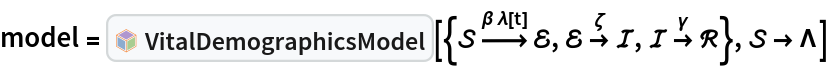 model = InterpretationBox[FrameBox[TagBox[TooltipBox[PaneBox[GridBox[List[List[GraphicsBox[List[Thickness[0.0025`], List[FaceForm[List[RGBColor[0.9607843137254902`, 0.5058823529411764`, 0.19607843137254902`], Opacity[1.`]]], FilledCurveBox[List[List[List[0, 2, 0], List[0, 1, 0], List[0, 1, 0], List[0, 1, 0], List[0, 1, 0]], List[List[0, 2, 0], List[0, 1, 0], List[0, 1, 0], List[0, 1, 0], List[0, 1, 0]], List[List[0, 2, 0], List[0, 1, 0], List[0, 1, 0], List[0, 1, 0], List[0, 1, 0], List[0, 1, 0]], List[List[0, 2, 0], List[1, 3, 3], List[0, 1, 0], List[1, 3, 3], List[0, 1, 0], List[1, 3, 3], List[0, 1, 0], List[1, 3, 3], List[1, 3, 3], List[0, 1, 0], List[1, 3, 3], List[0, 1, 0], List[1, 3, 3]]], List[List[List[205.`, 22.863691329956055`], List[205.`, 212.31669425964355`], List[246.01799774169922`, 235.99870109558105`], List[369.0710144042969`, 307.0436840057373`], List[369.0710144042969`, 117.59068870544434`], List[205.`, 22.863691329956055`]], List[List[30.928985595703125`, 307.0436840057373`], List[153.98200225830078`, 235.99870109558105`], List[195.`, 212.31669425964355`], List[195.`, 22.863691329956055`], List[30.928985595703125`, 117.59068870544434`], List[30.928985595703125`, 307.0436840057373`]], List[List[200.`, 410.42970085144043`], List[364.0710144042969`, 315.7036876678467`], List[241.01799774169922`, 244.65868949890137`], List[200.`, 220.97669792175293`], List[158.98200225830078`, 244.65868949890137`], List[35.928985595703125`, 315.7036876678467`], List[200.`, 410.42970085144043`]], List[List[376.5710144042969`, 320.03370475769043`], List[202.5`, 420.53370475769043`], List[200.95300006866455`, 421.42667961120605`], List[199.04699993133545`, 421.42667961120605`], List[197.5`, 420.53370475769043`], List[23.428985595703125`, 320.03370475769043`], List[21.882003784179688`, 319.1406993865967`], List[20.928985595703125`, 317.4896984100342`], List[20.928985595703125`, 315.7036876678467`], List[20.928985595703125`, 114.70369529724121`], List[20.928985595703125`, 112.91769218444824`], List[21.882003784179688`, 111.26669120788574`], List[23.428985595703125`, 110.37369346618652`], List[197.5`, 9.87369155883789`], List[198.27300024032593`, 9.426692008972168`], List[199.13700008392334`, 9.203690528869629`], List[200.`, 9.203690528869629`], List[200.86299991607666`, 9.203690528869629`], List[201.72699999809265`, 9.426692008972168`], List[202.5`, 9.87369155883789`], List[376.5710144042969`, 110.37369346618652`], List[378.1179962158203`, 111.26669120788574`], List[379.0710144042969`, 112.91769218444824`], List[379.0710144042969`, 114.70369529724121`], List[379.0710144042969`, 315.7036876678467`], List[379.0710144042969`, 317.4896984100342`], List[378.1179962158203`, 319.1406993865967`], List[376.5710144042969`, 320.03370475769043`]]]]], List[FaceForm[List[RGBColor[0.5529411764705883`, 0.6745098039215687`, 0.8117647058823529`], Opacity[1.`]]], FilledCurveBox[List[List[List[0, 2, 0], List[0, 1, 0], List[0, 1, 0], List[0, 1, 0]]], List[List[List[44.92900085449219`, 282.59088134765625`], List[181.00001525878906`, 204.0298843383789`], List[181.00001525878906`, 46.90887451171875`], List[44.92900085449219`, 125.46986389160156`], List[44.92900085449219`, 282.59088134765625`]]]]], List[FaceForm[List[RGBColor[0.6627450980392157`, 0.803921568627451`, 0.5686274509803921`], Opacity[1.`]]], FilledCurveBox[List[List[List[0, 2, 0], List[0, 1, 0], List[0, 1, 0], List[0, 1, 0]]], List[List[List[355.0710144042969`, 282.59088134765625`], List[355.0710144042969`, 125.46986389160156`], List[219.`, 46.90887451171875`], List[219.`, 204.0298843383789`], List[355.0710144042969`, 282.59088134765625`]]]]], List[FaceForm[List[RGBColor[0.6901960784313725`, 0.5882352941176471`, 0.8117647058823529`], Opacity[1.`]]], FilledCurveBox[List[List[List[0, 2, 0], List[0, 1, 0], List[0, 1, 0], List[0, 1, 0]]], List[List[List[200.`, 394.0606994628906`], List[336.0710144042969`, 315.4997024536133`], List[200.`, 236.93968200683594`], List[63.928985595703125`, 315.4997024536133`], List[200.`, 394.0606994628906`]]]]]], List[Rule[BaselinePosition, Scaled[0.15`]], Rule[ImageSize, 10], Rule[ImageSize, 15]]], StyleBox[RowBox[List["VitalDemographicsModel", " "]], Rule[ShowAutoStyles, False], Rule[ShowStringCharacters, False], Rule[FontSize, Times[0.9`, Inherited]], Rule[FontColor, GrayLevel[0.1`]]]]], Rule[GridBoxSpacings, List[Rule["Columns", List[List[0.25`]]]]]], Rule[Alignment, List[Left, Baseline]], Rule[BaselinePosition, Baseline], Rule[FrameMargins, List[List[3, 0], List[0, 0]]], Rule[BaseStyle, List[Rule[LineSpacing, List[0, 0]], Rule[LineBreakWithin, False]]]], RowBox[List["PacletSymbol", "[", RowBox[List["\"RobertNachbar/CompartmentalModeling\"", ",", "\"RobertNachbar`EpidemiologyModeling`VitalDemographicsModel\""]], "]"]], Rule[TooltipStyle, List[Rule[ShowAutoStyles, True], Rule[ShowStringCharacters, True]]]], Function[Annotation[Slot[1], Style[Defer[PacletSymbol["RobertNachbar/CompartmentalModeling", "RobertNachbar`EpidemiologyModeling`VitalDemographicsModel"]], Rule[ShowStringCharacters, True]], "Tooltip"]]], Rule[Background, RGBColor[0.968`, 0.976`, 0.984`]], Rule[BaselinePosition, Baseline], Rule[DefaultBaseStyle, List[]], Rule[FrameMargins, List[List[0, 0], List[1, 1]]], Rule[FrameStyle, RGBColor[0.831`, 0.847`, 0.85`]], Rule[RoundingRadius, 4]], PacletSymbol["RobertNachbar/CompartmentalModeling", "RobertNachbar`EpidemiologyModeling`VitalDemographicsModel"], Rule[Selectable, False], Rule[SelectWithContents, True], Rule[BoxID, "PacletSymbolBox"]][{\[ScriptCapitalS] 
\!\(\*OverscriptBox[\(\[RightArrow]\), \(\[Beta]\ \[Lambda][
       t]\)]\) \[ScriptCapitalE], \[ScriptCapitalE] 
\!\(\*OverscriptBox[\(\[RightArrow]\), \(\[Zeta]\)]\) \[ScriptCapitalI], \[ScriptCapitalI] 
\!\(\*OverscriptBox[\(\[RightArrow]\), \(\[Gamma]\)]\) \[ScriptCapitalR]}, \[ScriptCapitalS] -> \[CapitalLambda]]